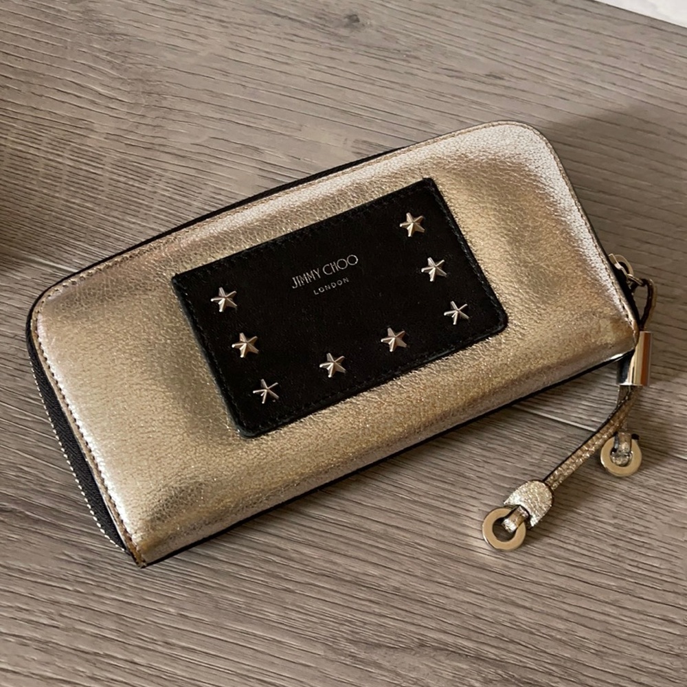 JIMMY CHOO Zippy Wallet Star Studs Gold Leather